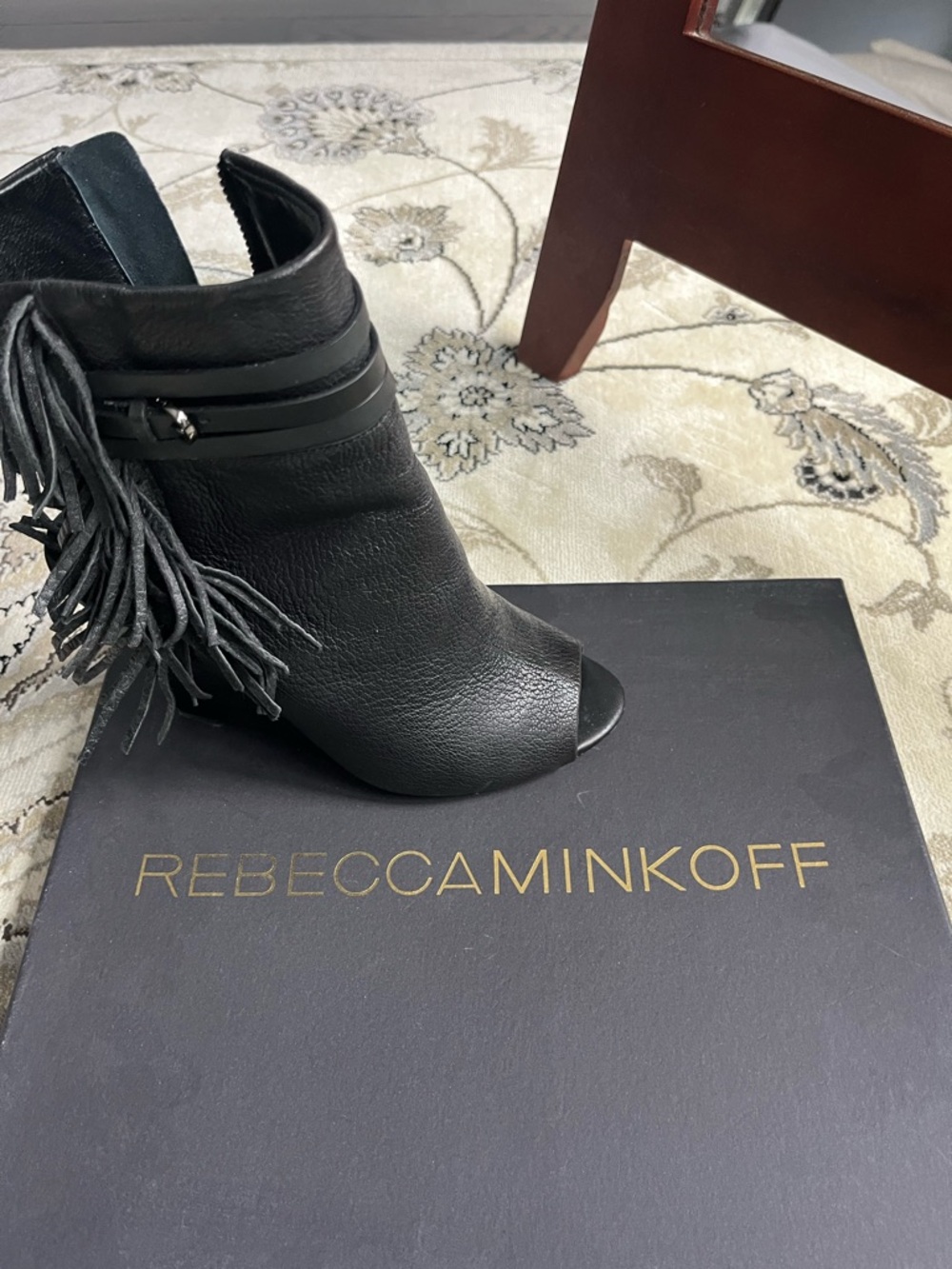 Rebecca Minkoff Black Peep-Toe Fringe Ankle Bootie